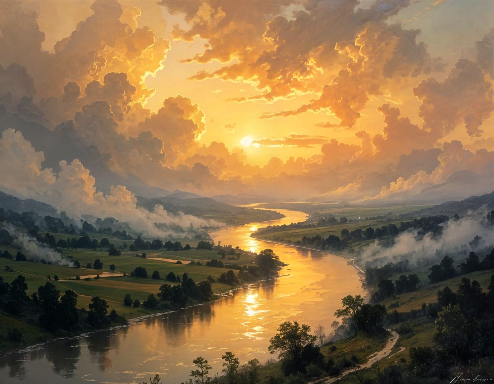Turner-esque Landscape: River Valley at Dawn