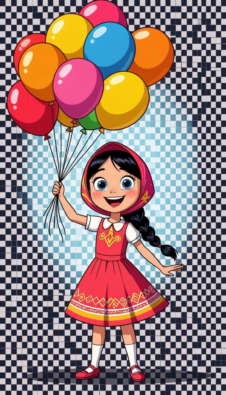 Masha with Vibrant Balloons in Cartoon Style