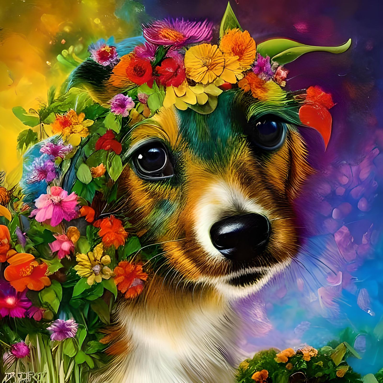 Puppy in Garden: Alcohol Ink and Rockwell Style