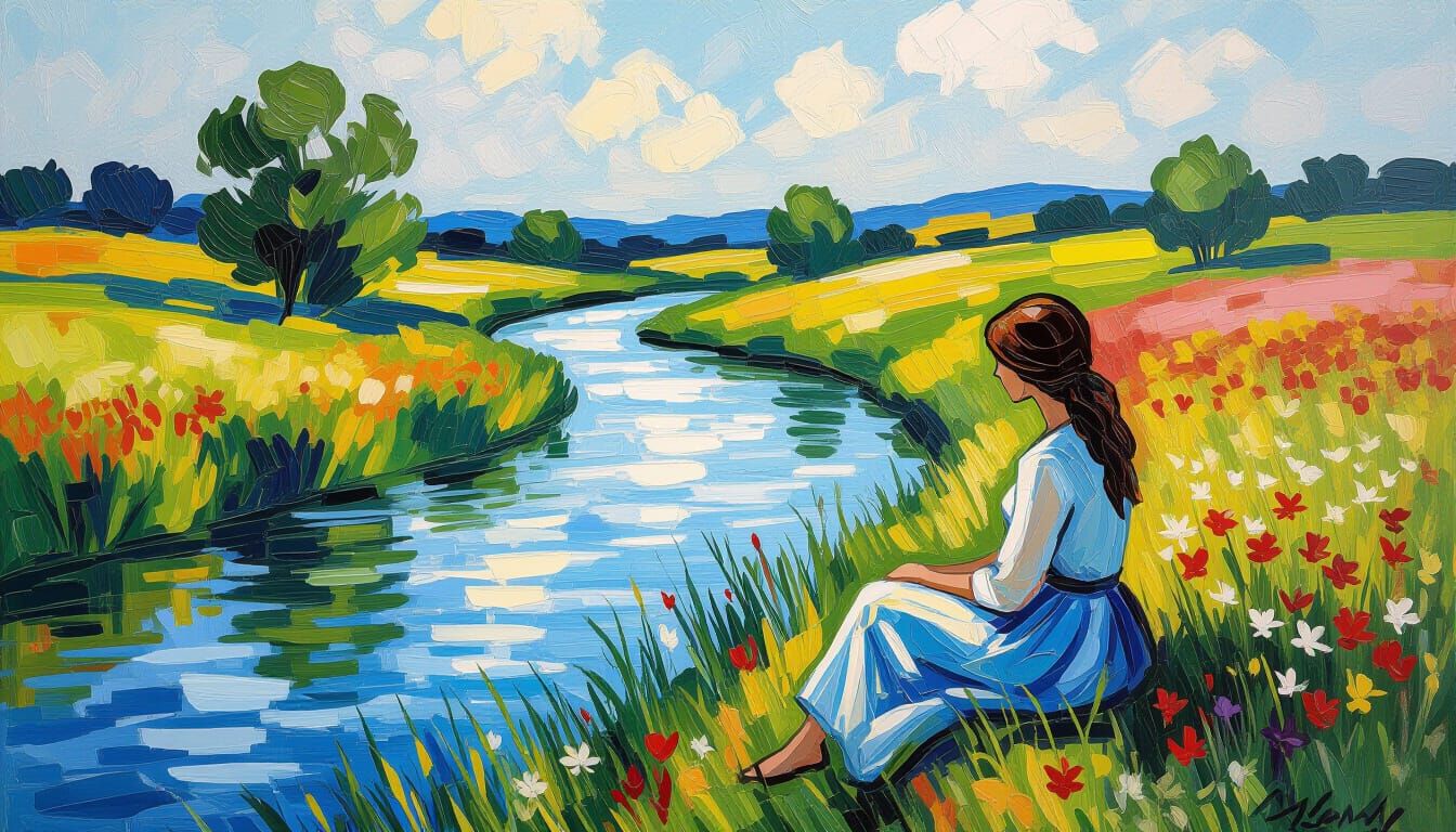 Serene Woman by River in Impressionist Style