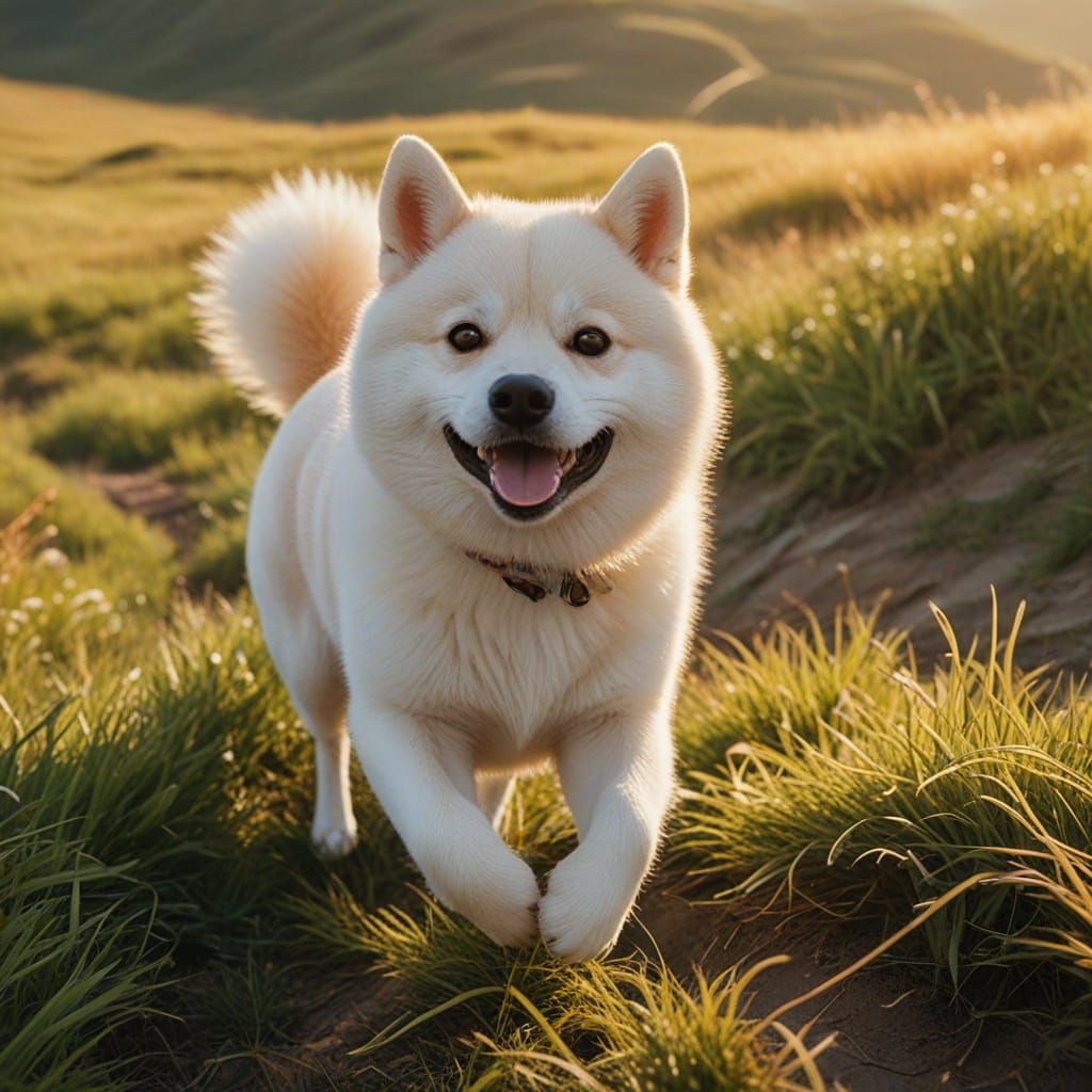 Albino Shiba Inu Runs Through Mountain Field