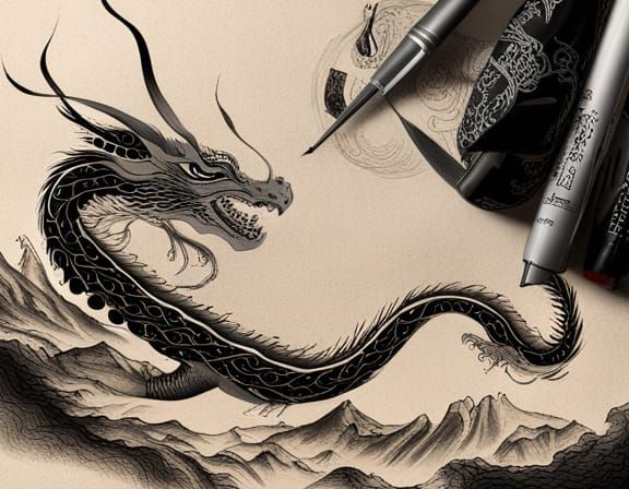 Asian Dragon in Chinese Ink Drawing