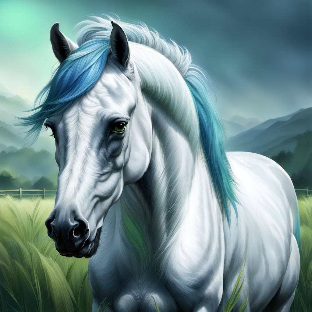 Photorealistic White Horse with Blue-Grey Markings