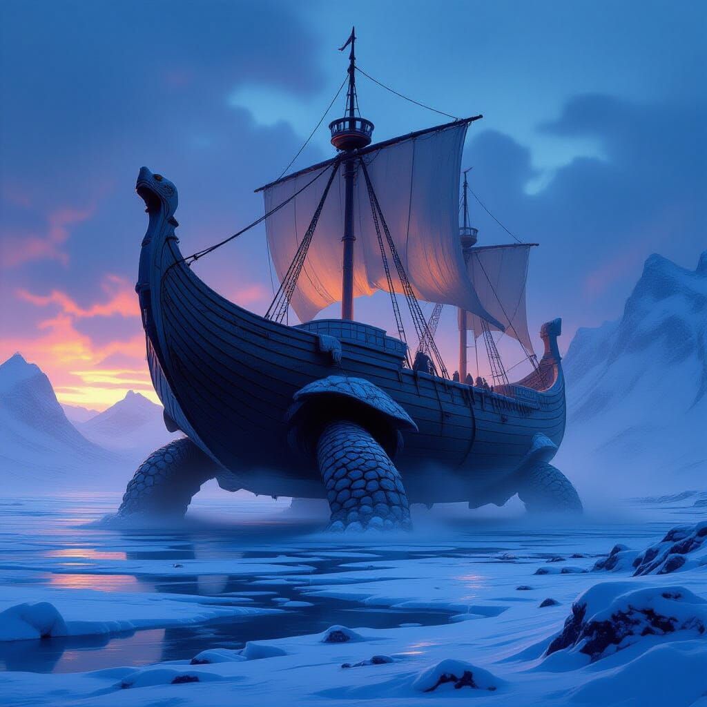 Mythological Tortoise Carries Viking Ship Across Ethereal Fr...