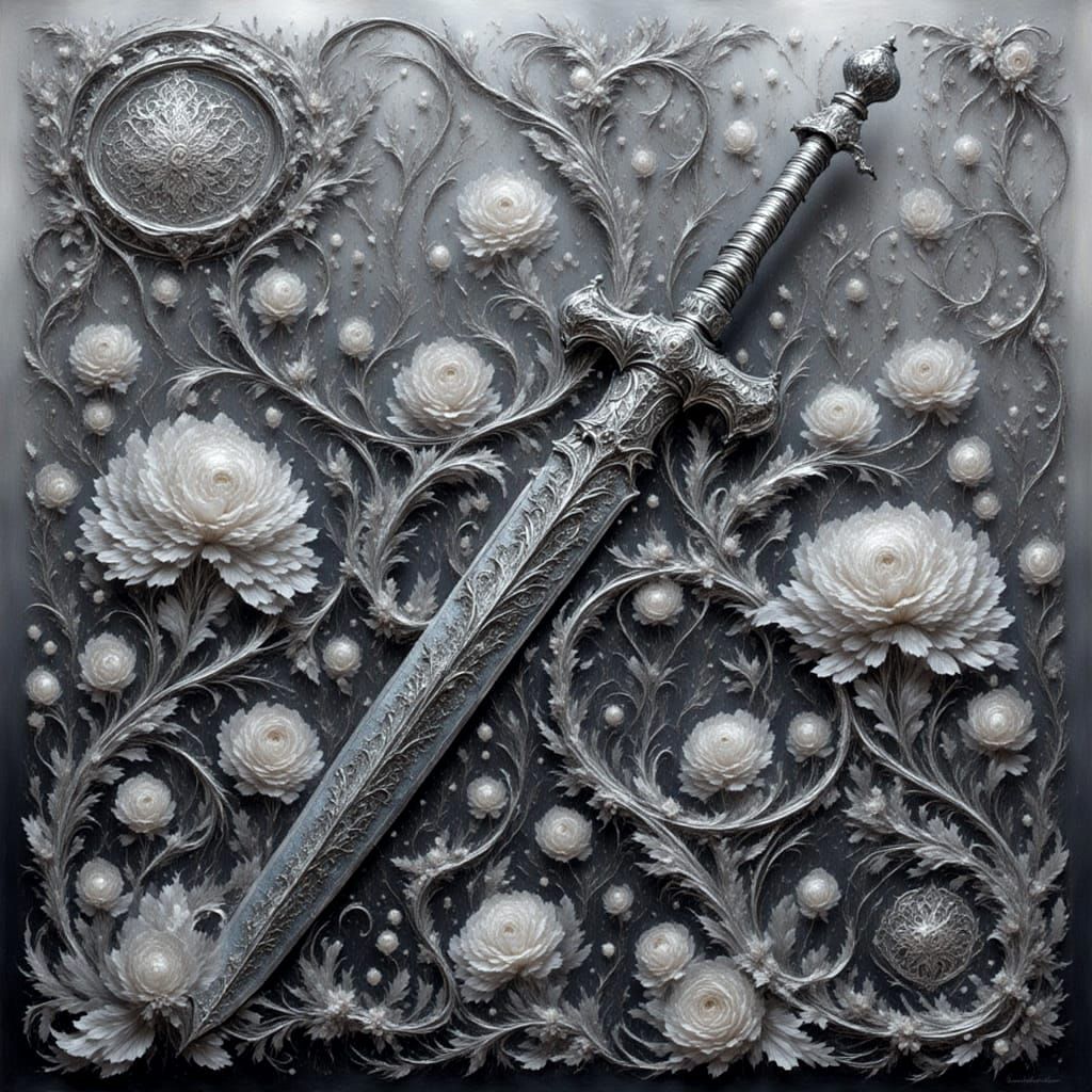 Silver Intricate Sword in Swirling Fantasy Drawing