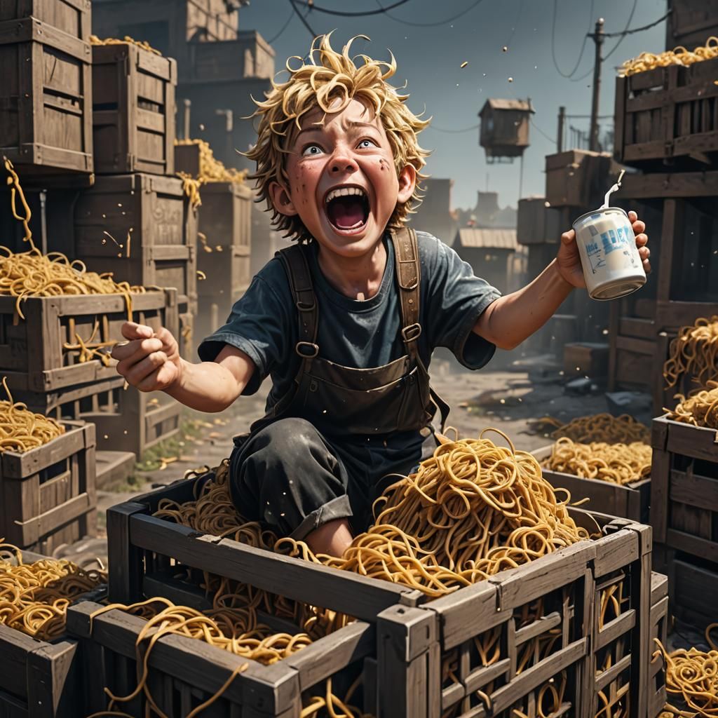Fantastical Noodleboy Screaming on Crate, Detailed Digital A...