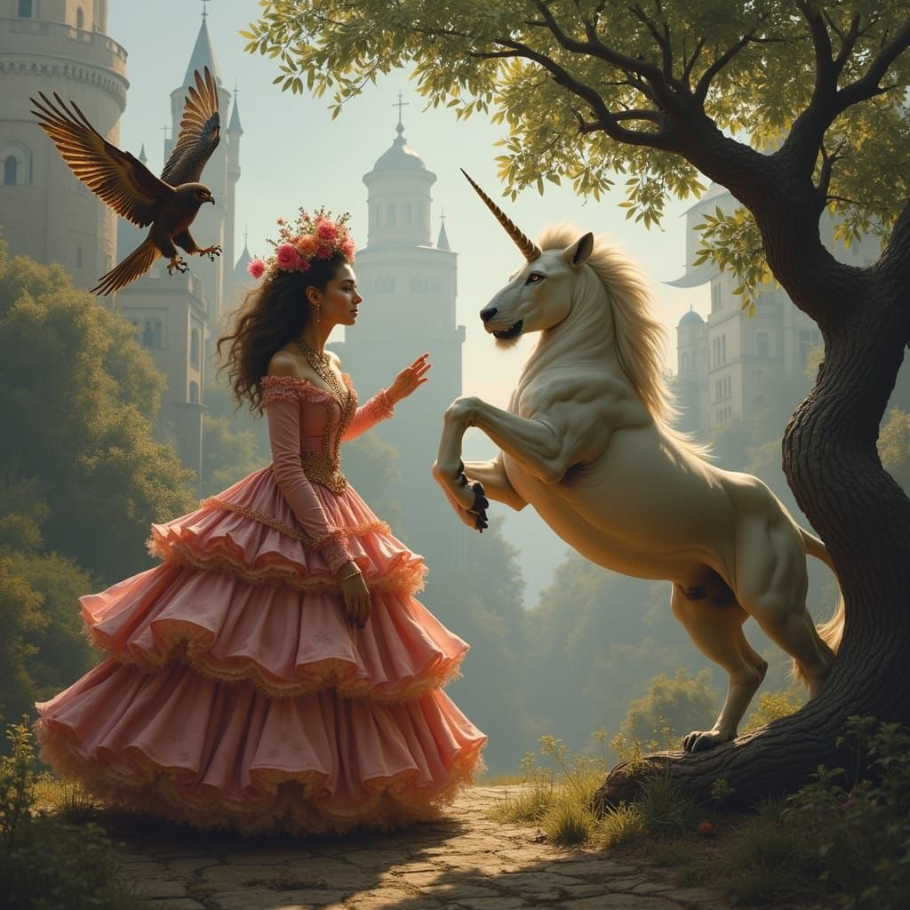 Victorian Beauty in Armor with Lion and Unicorn