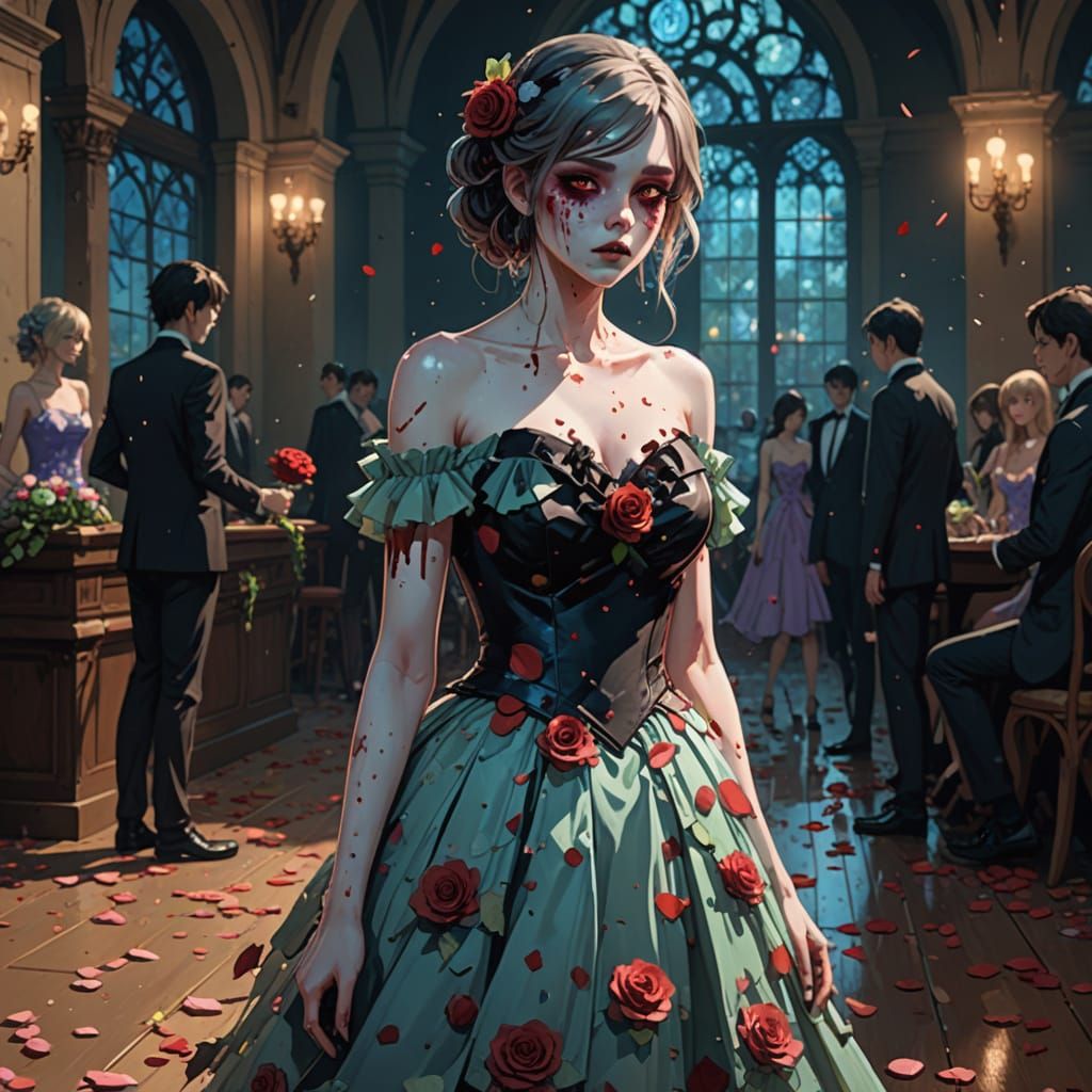 Cute Zombie Girl at Prom in 80s Anime Style