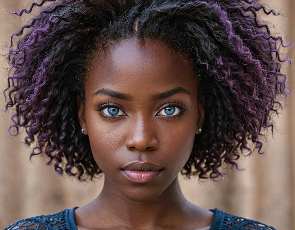 Detailed Portrait of a Dark-Skinned Woman with Blue Eyes