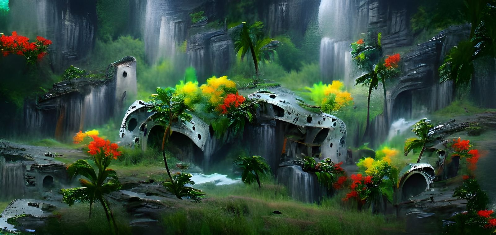Jungle Ruins: Crashed Spaceship in Detailed Matte Painting