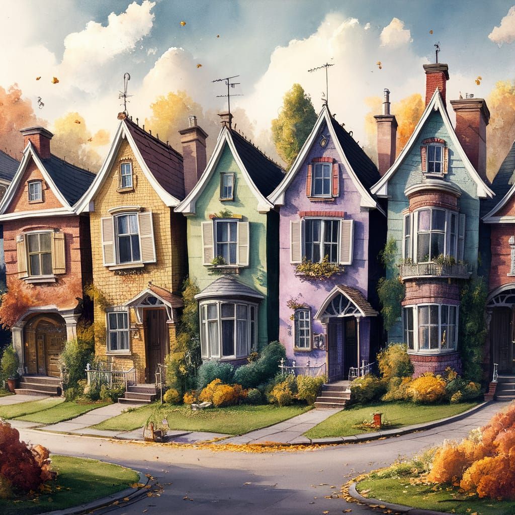 "Watercolor ‘Wonky House' row of small houses in a neighborh...