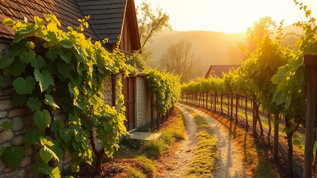 Whimsical German Vineyard Scene in Dreamy, Fairytale Style
