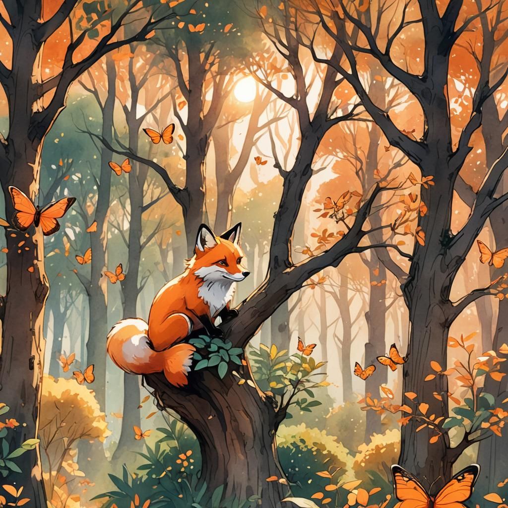 Disney-Style Fox in Orange Watercolor Forest