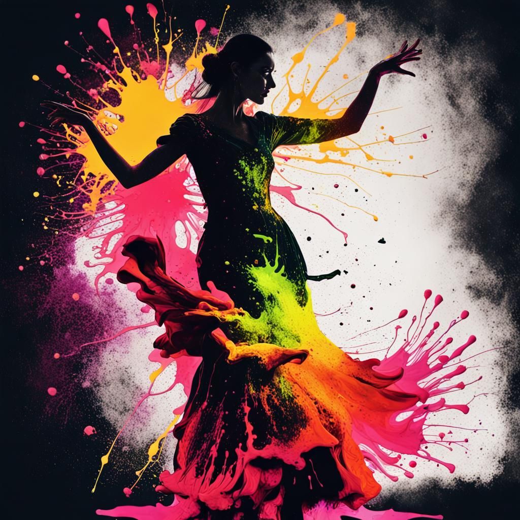 Flamenco Dancer in Fluorescent Splatter Art Style