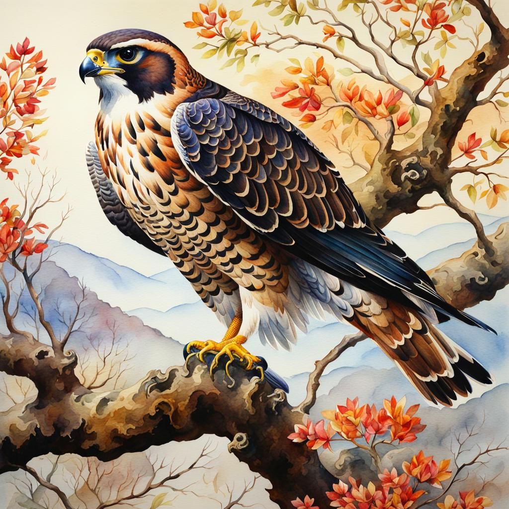 Colorful Watercolor Falcon on Leafless Branch