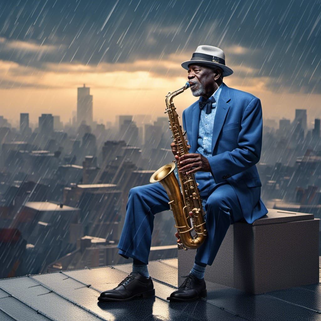 Saxophone Player in Rainy Cityscape at Blue Hour