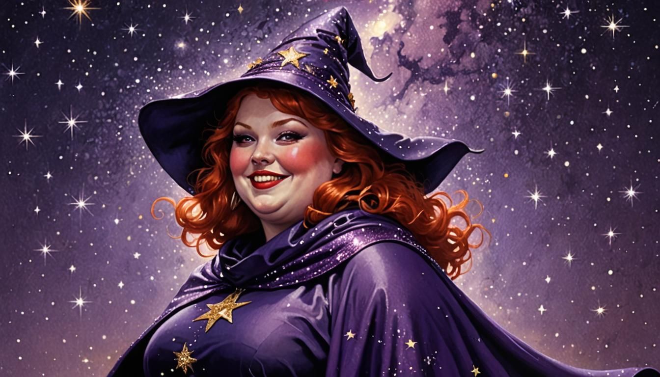 Cheerful Witch Soaring Through Starry Skies Illustration