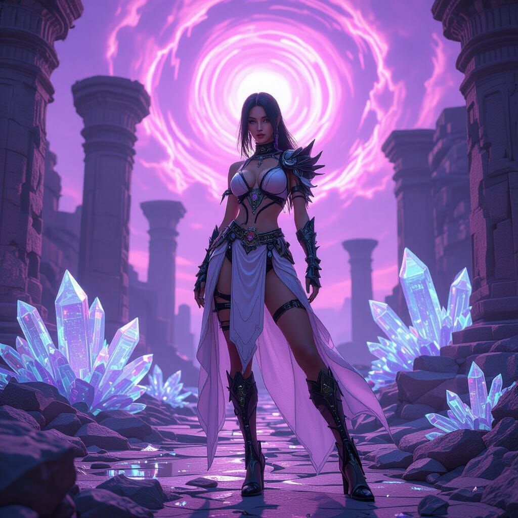 Sensual Game Character Glitch Art in Ancient Ruins