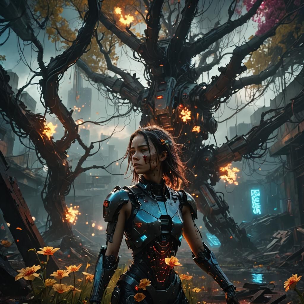 Cyberpunk Robot in Ruined City with Transgenic Flowers