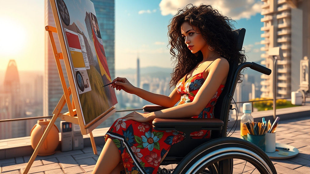 Woman in Power Chair Painting Cityscape: Anime Concept Art