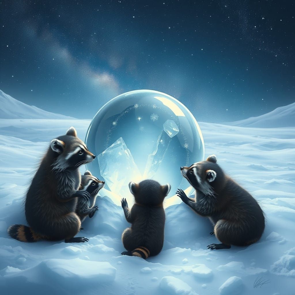 Raccoons Peer into a Glowing Ice Orb in a Winter Wonderland
