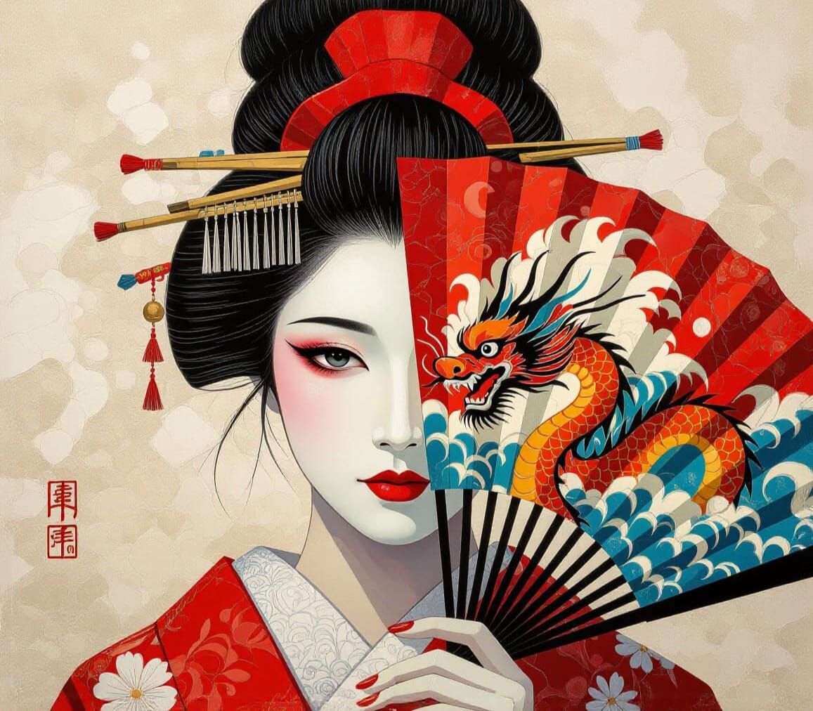 Geisha Portrait with Fan in Pointillism Style