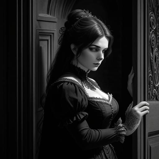 Gothic Heroine in Dark Corridor: Ink Line-Drawing