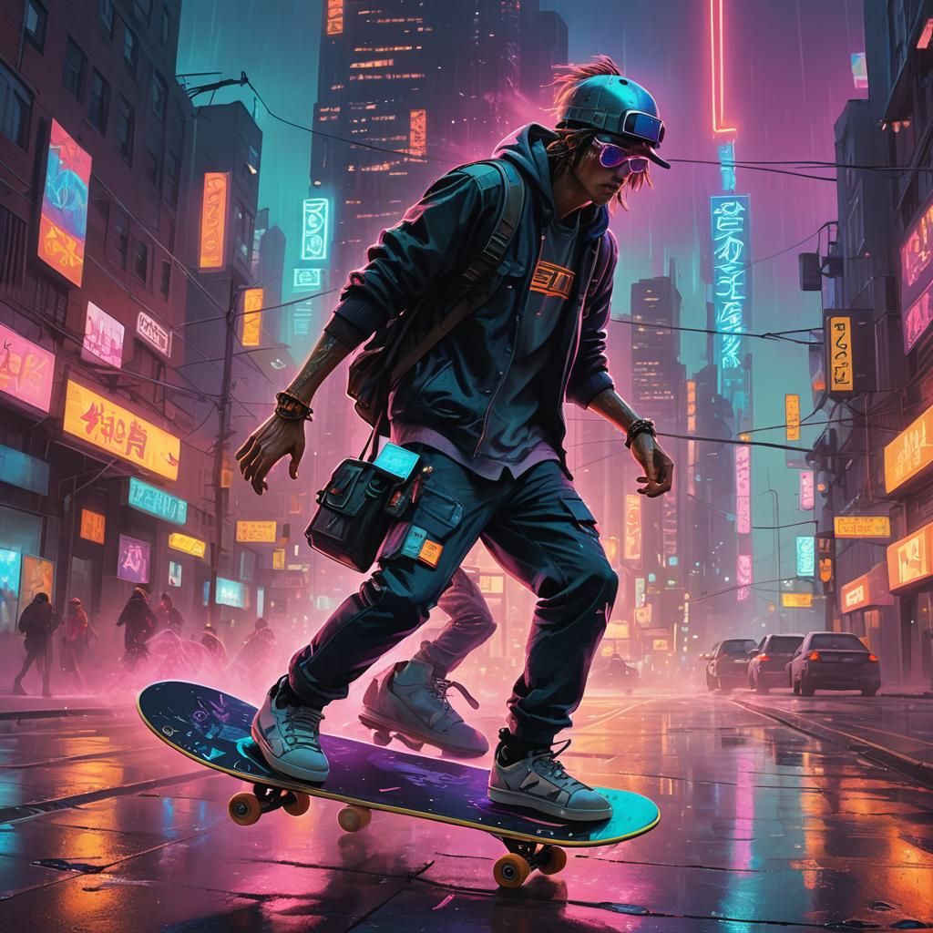 Skateboarder Rides in Neon Fantasy City, Splash Art