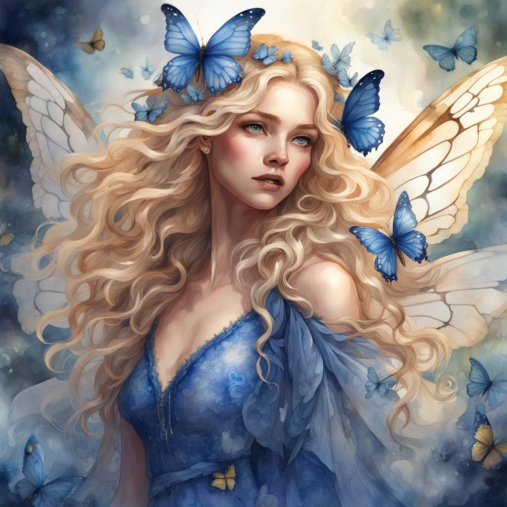 Watercolor Fairy with Butterflies in Fantasy Art