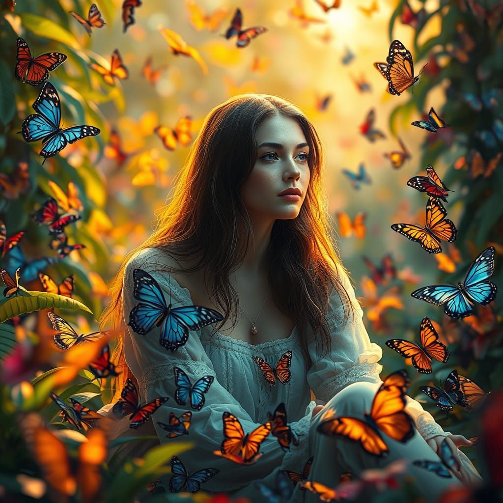 Serene Lady Surrounded by Whirling Butterflies in Vibrant Ga...