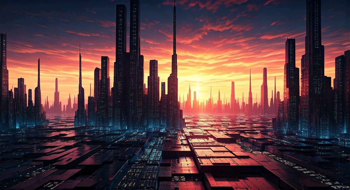 Futuristic Planet of Radiant Cubes in Vibrant, Neon-Lit City...
