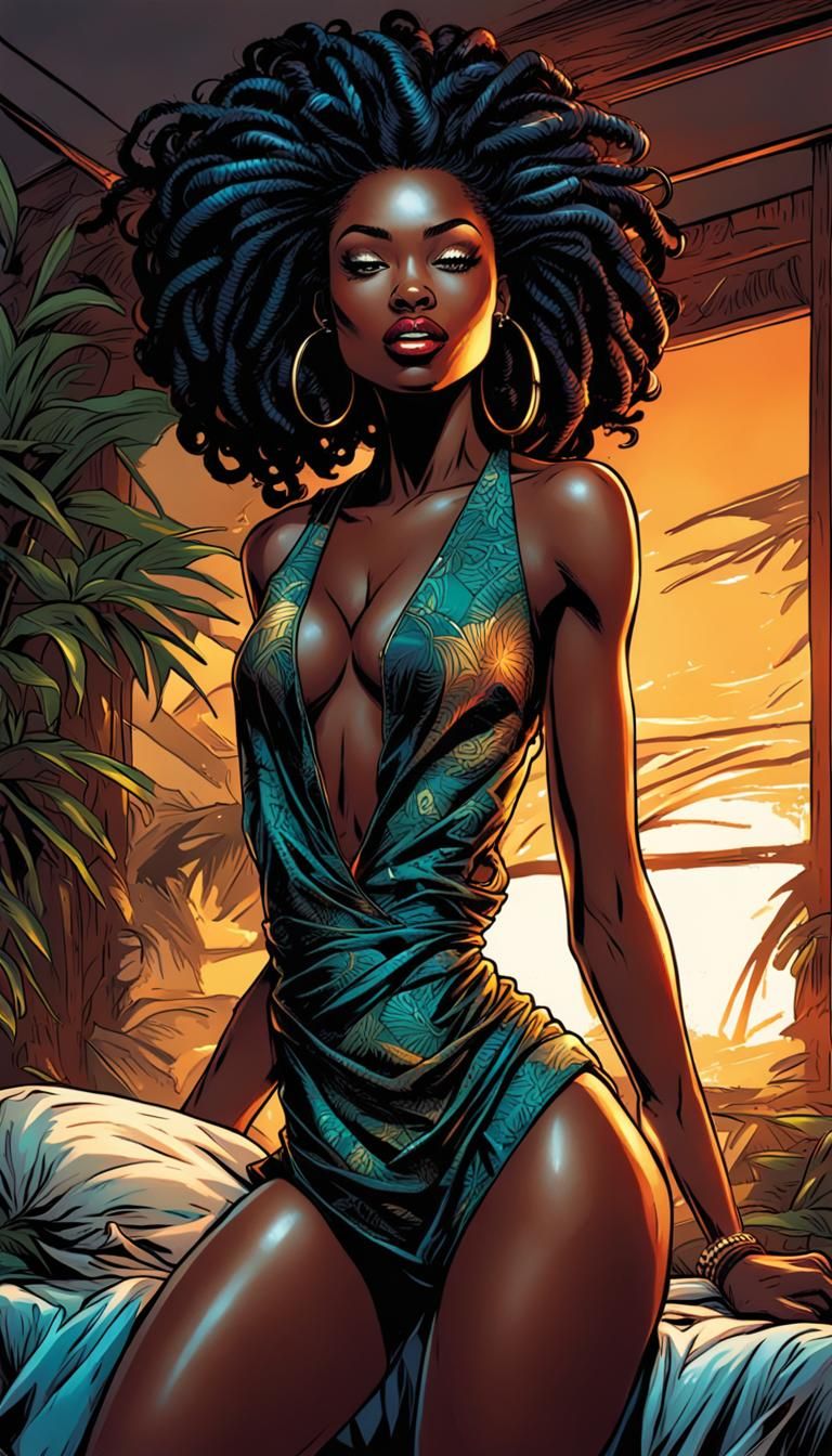 Sensual Ebony Model Waking Up, Comic Book Art