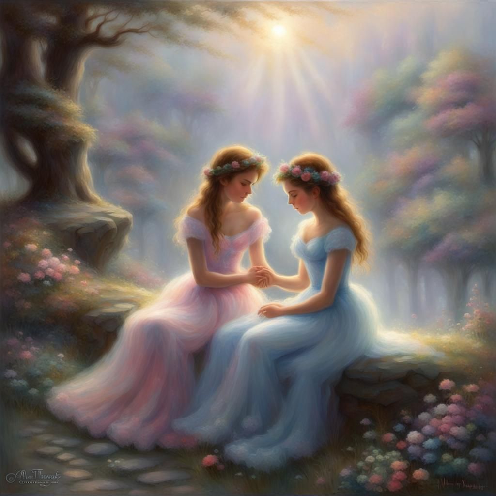 Ethereal Girls Holding Hands in Misty Landscape