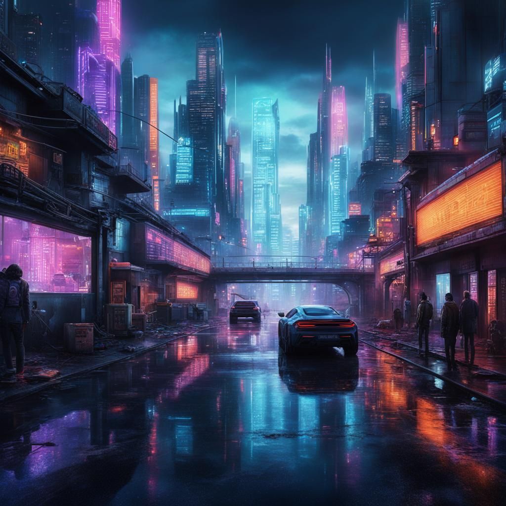 Hyperrealistic Neon Cityscape in Cyberpunk Style
