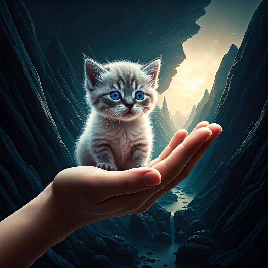 Tiny Cat on Hand, Fantasy Matte Painting
