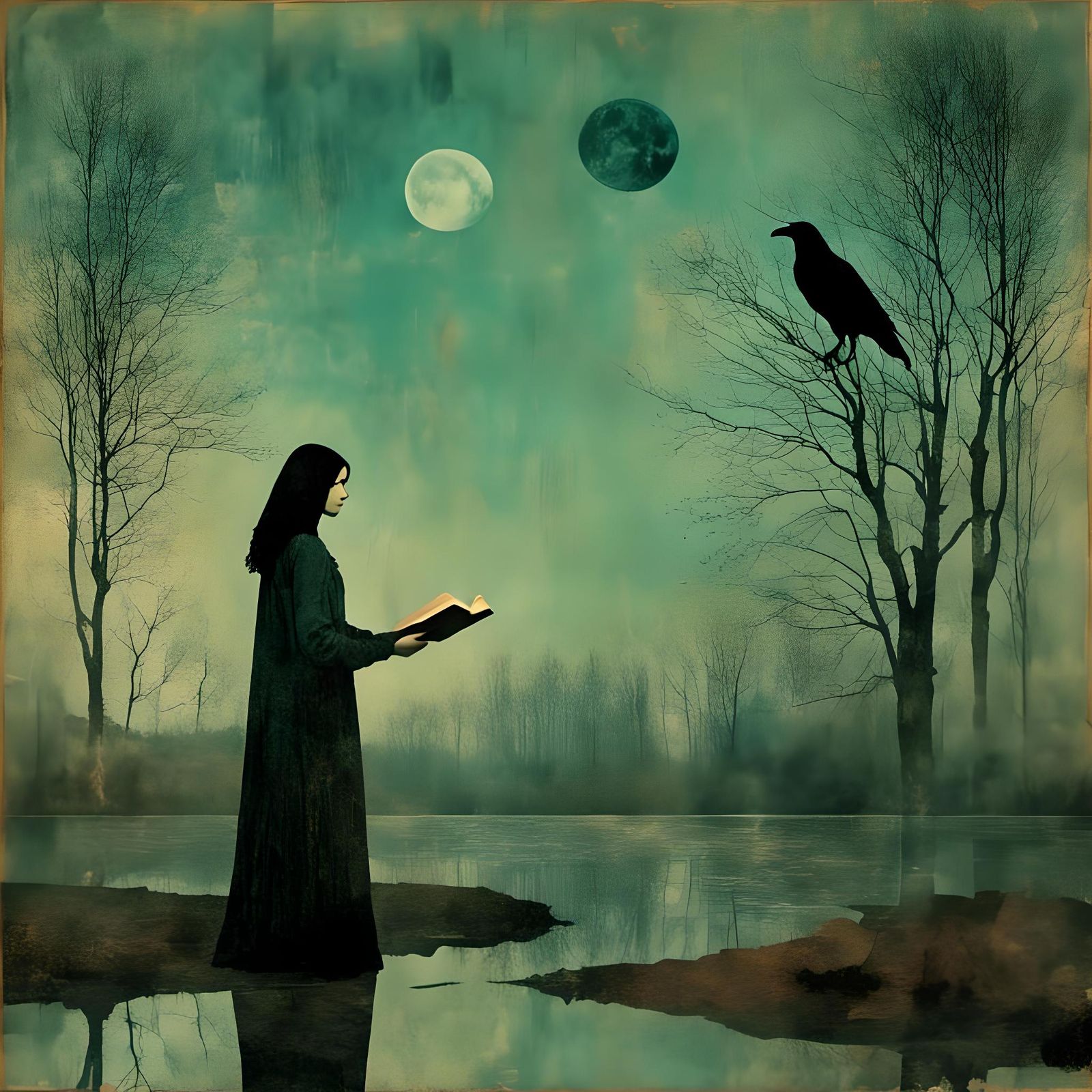 Mystical Nightbook Reflection in Pond