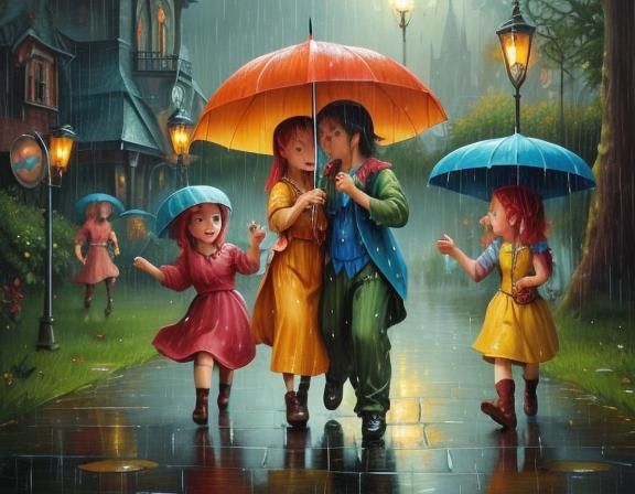 Kids Playing in the Rain: Fantasy Surrealism Painting