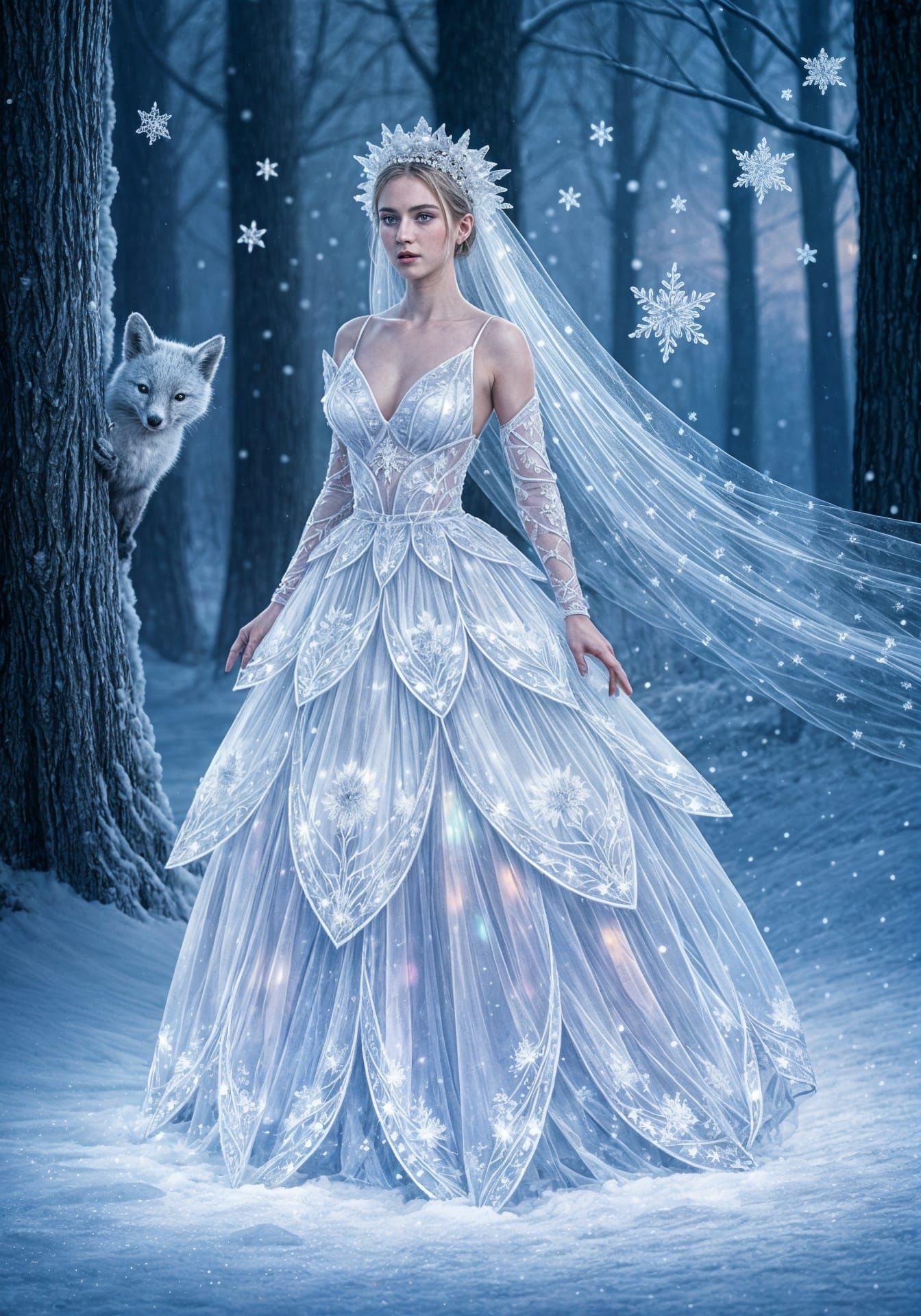 Woman in Luminous Glass Gown in Snowy Forest