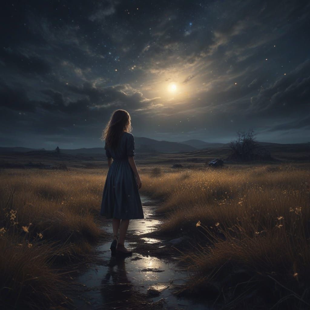 Dreamlike Woman in a Dark, Starry Field