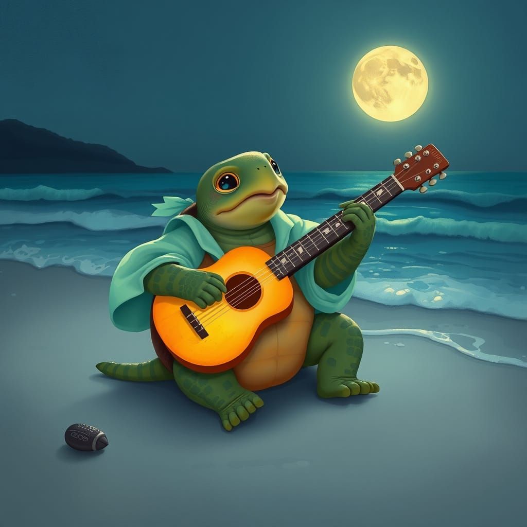 Singing Turtle on Moonlit Beach in Whimsical Style