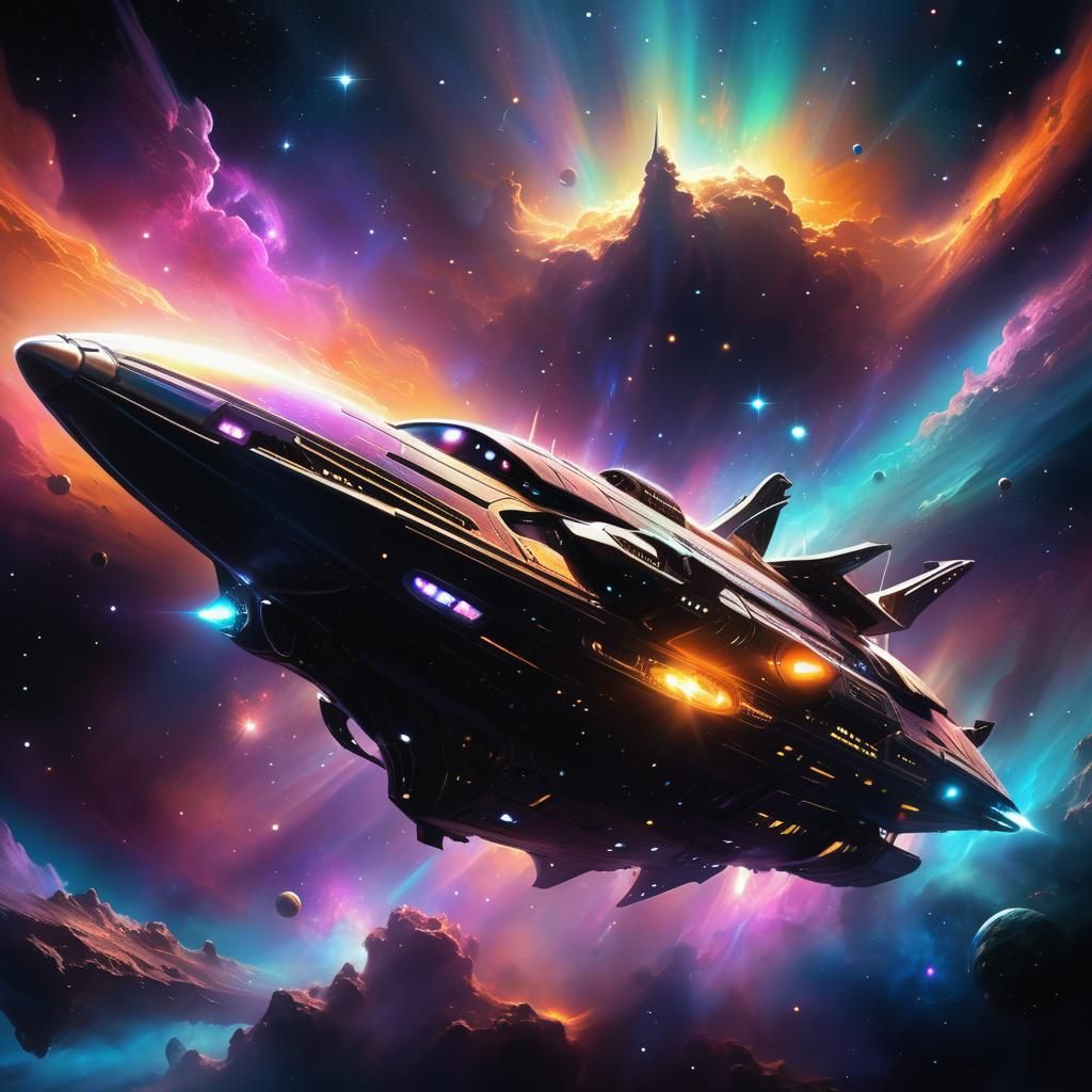 Glowing Spaceship Sails Through Iridescent Nebula in Science...