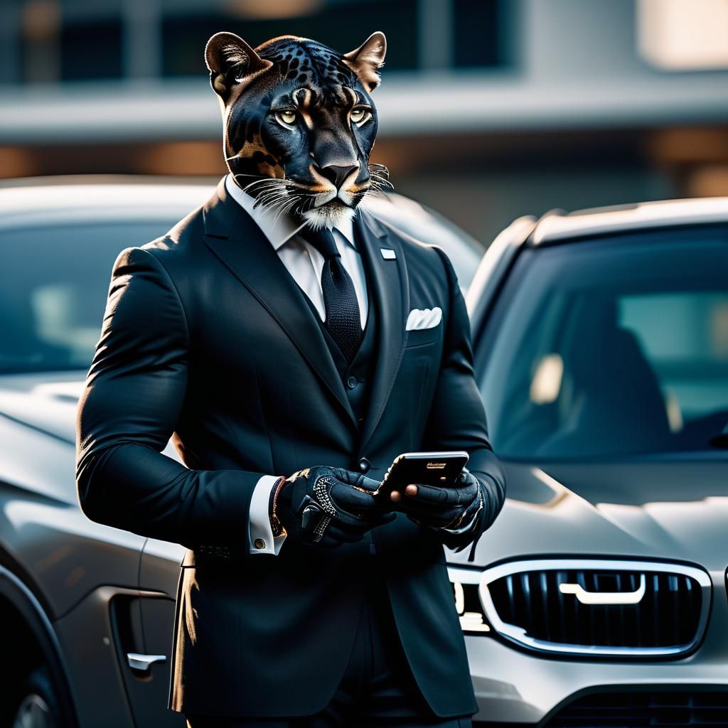 Panther in Suit with iPhone and BMW: Animal Fashion