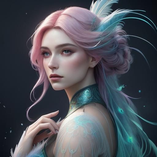Woman with Peacock Feather Hair in Digital Art Style