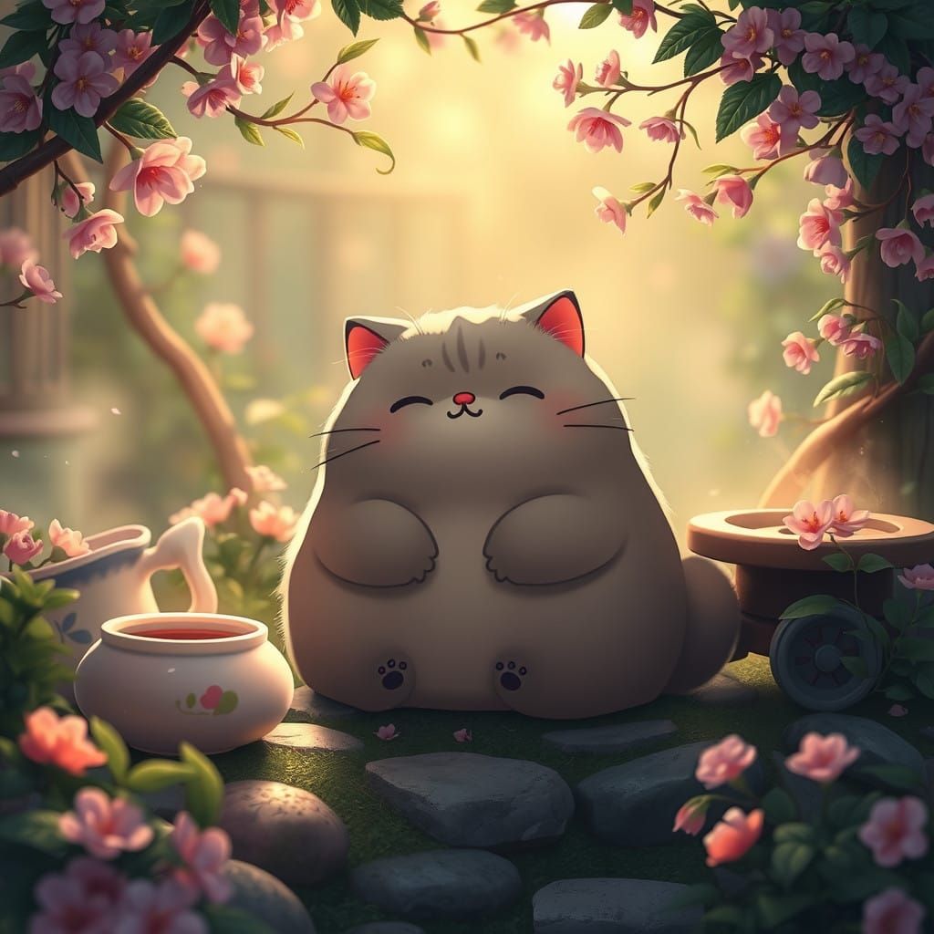 Anime Whimsy: Pusheen in Serene Tea Garden