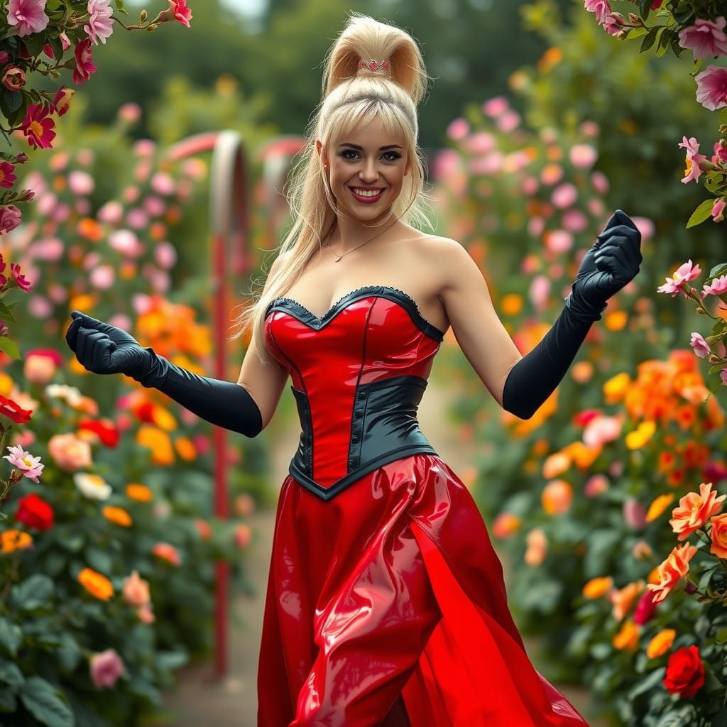 Woman in Red Latex Dress in a Fantasy Garden