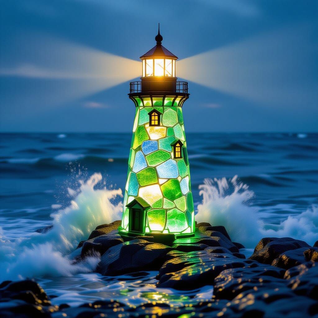 Glowing Emerald & Sapphire Sea Glass Lighthouse on Shore