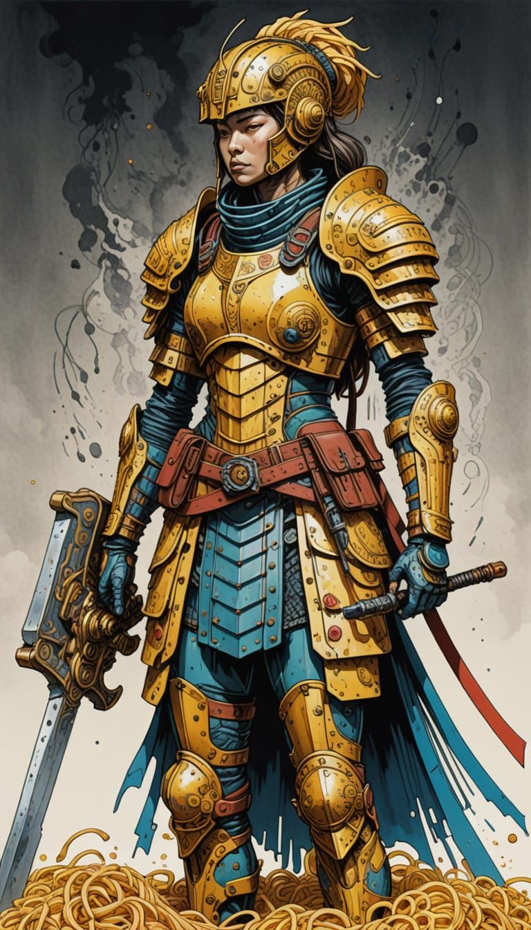 Vibrant Warrior in Pasta Armor