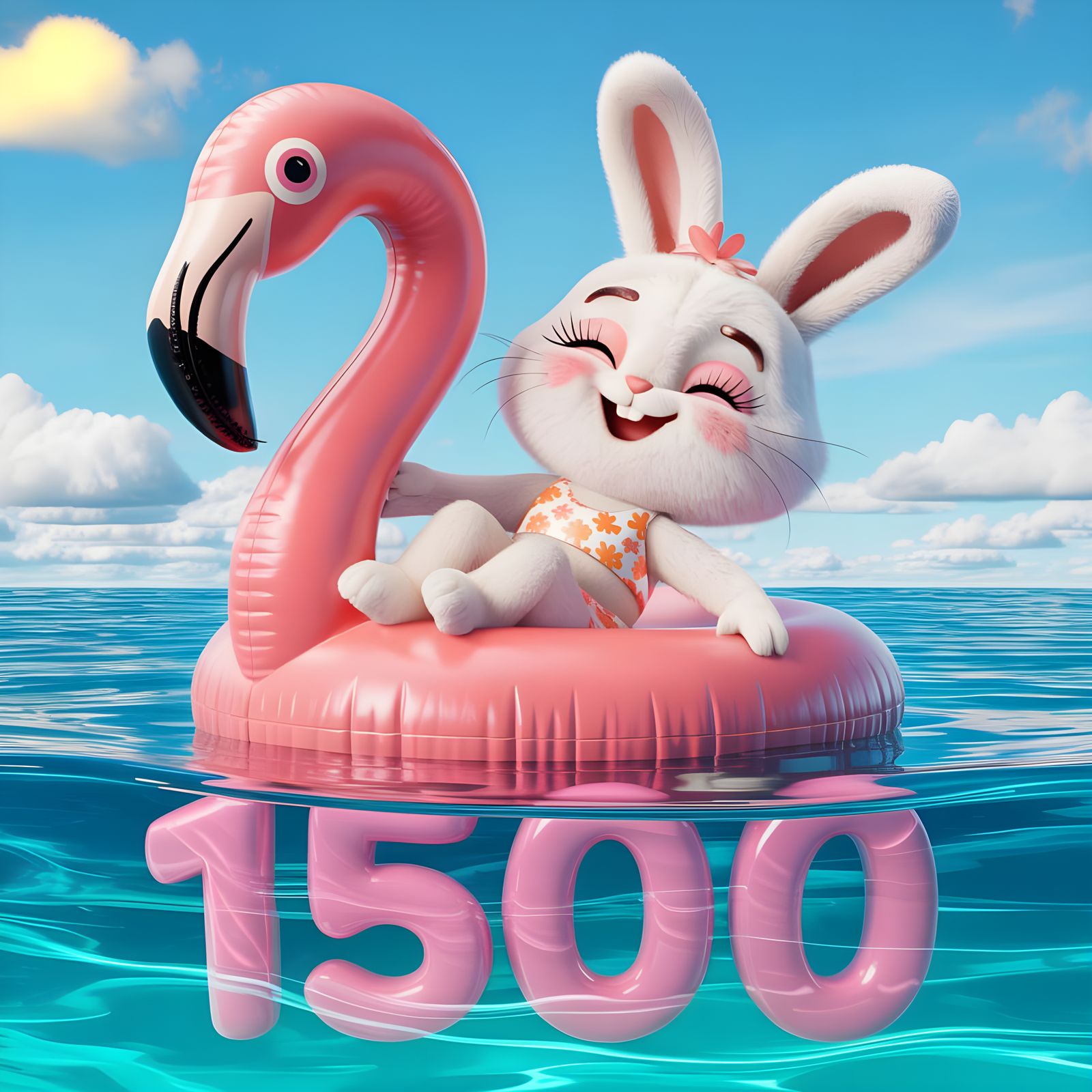 Bunny on Flamingo Float in 3D Cartoon Style