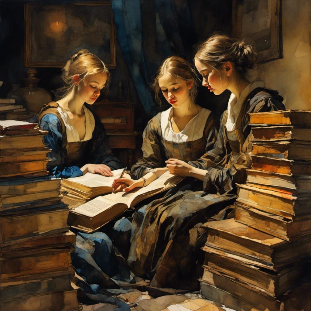 Sisters Reading by Candlelight in Classic Style