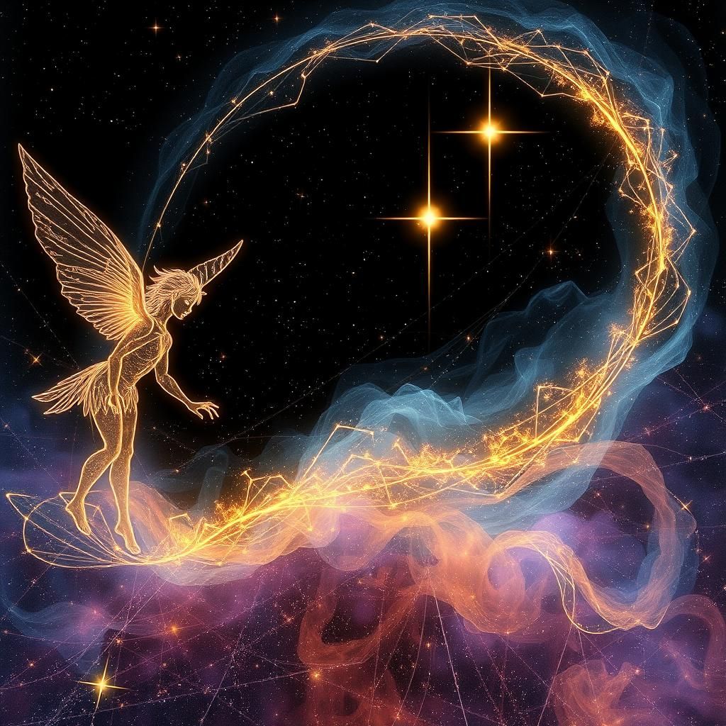 Floating Elf with Golden Strokes and Stars